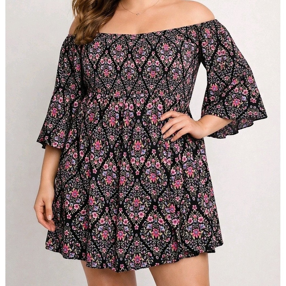 Torrid Womens 2X Black Ditsy Floral Smocked Milkmaid Dress‎ Whimsical Bloomcore